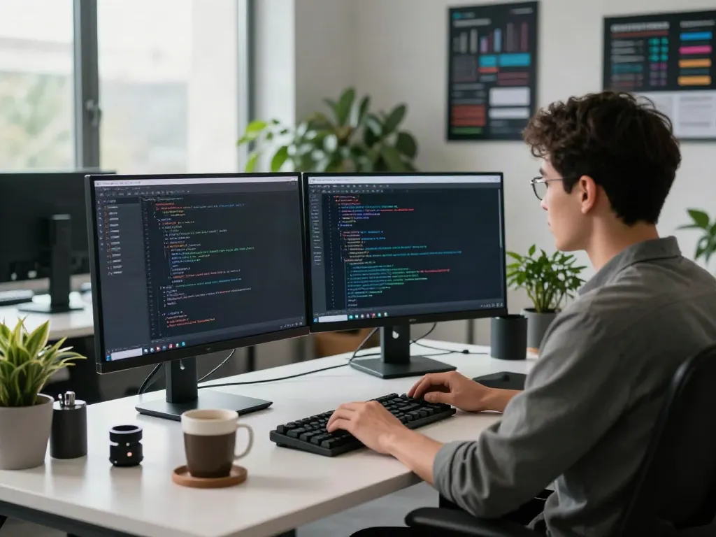 Brave software developer coding at a modern workspace with dual monitors.