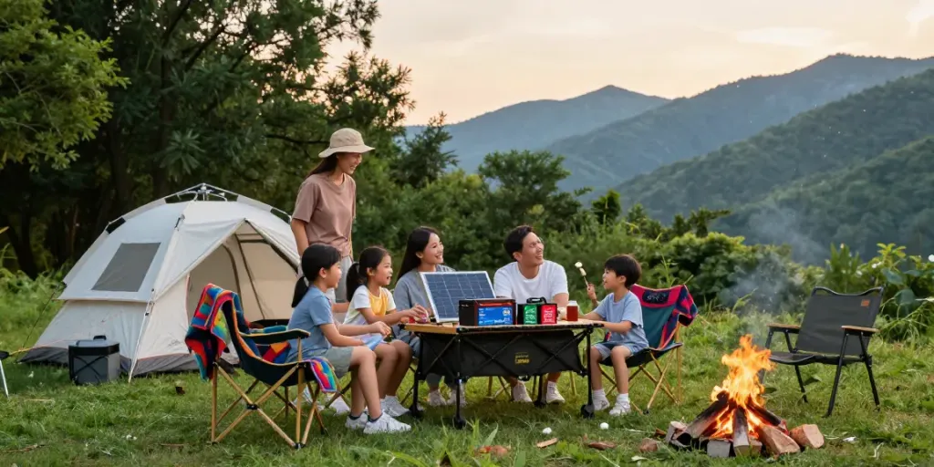Family enjoying RV camping with a 12V battery setup