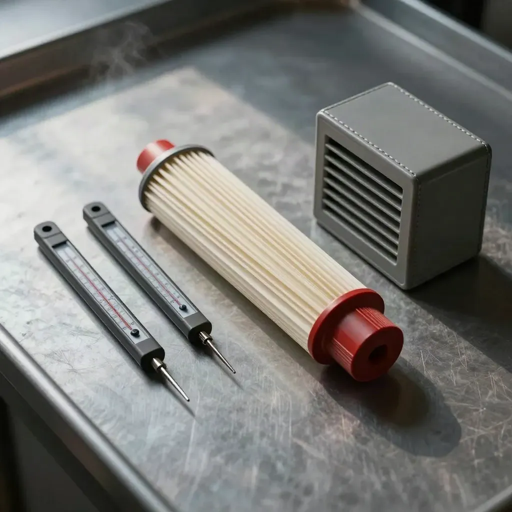 Top-down climate tools for a poultry barn on brushed metal with a dust filter and thermometers.