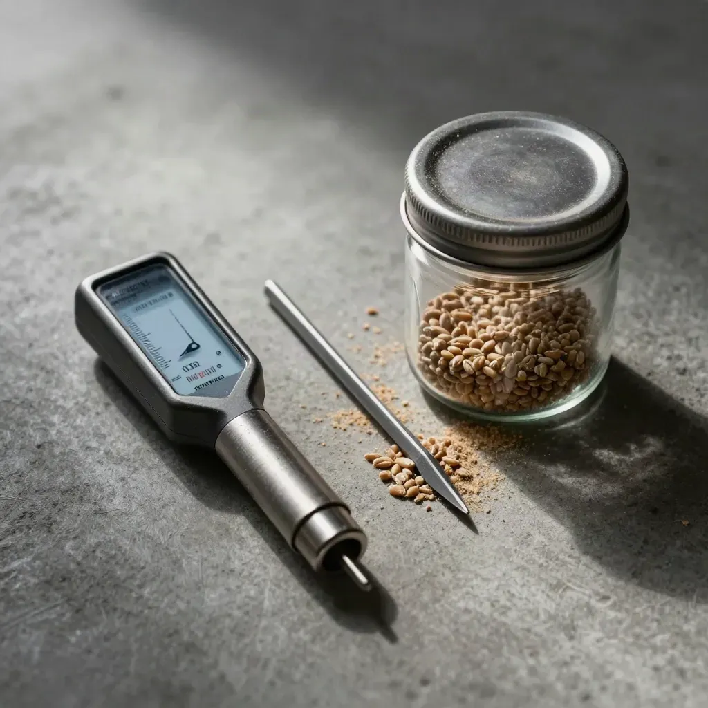 Overhead grain-bin inspection tools on concrete with a sample jar and probe tip