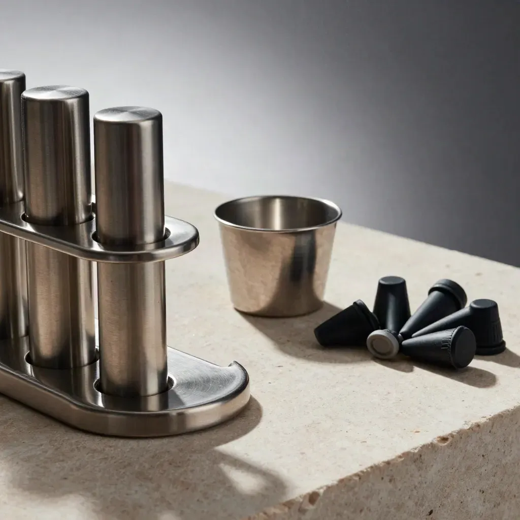 Dairy sampling kit with stainless vials, teat-dip cup, and stopper tray on stone