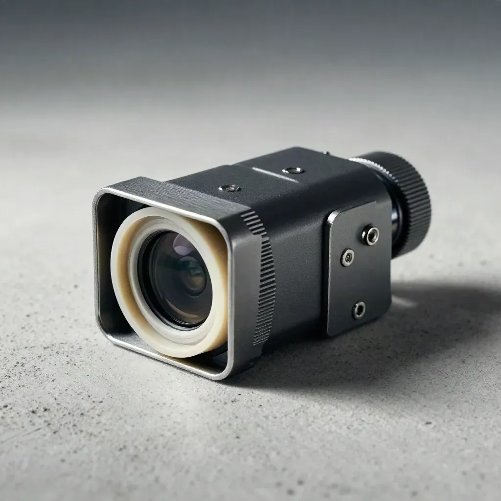 Barn camera module with bracket, gasket ring and cable gland on pale concrete in cool misty light