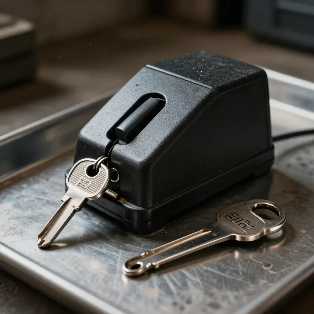 Hog-farm tally counter, RFID wand, and sorting clip on brushed metal under dramatic studio light.