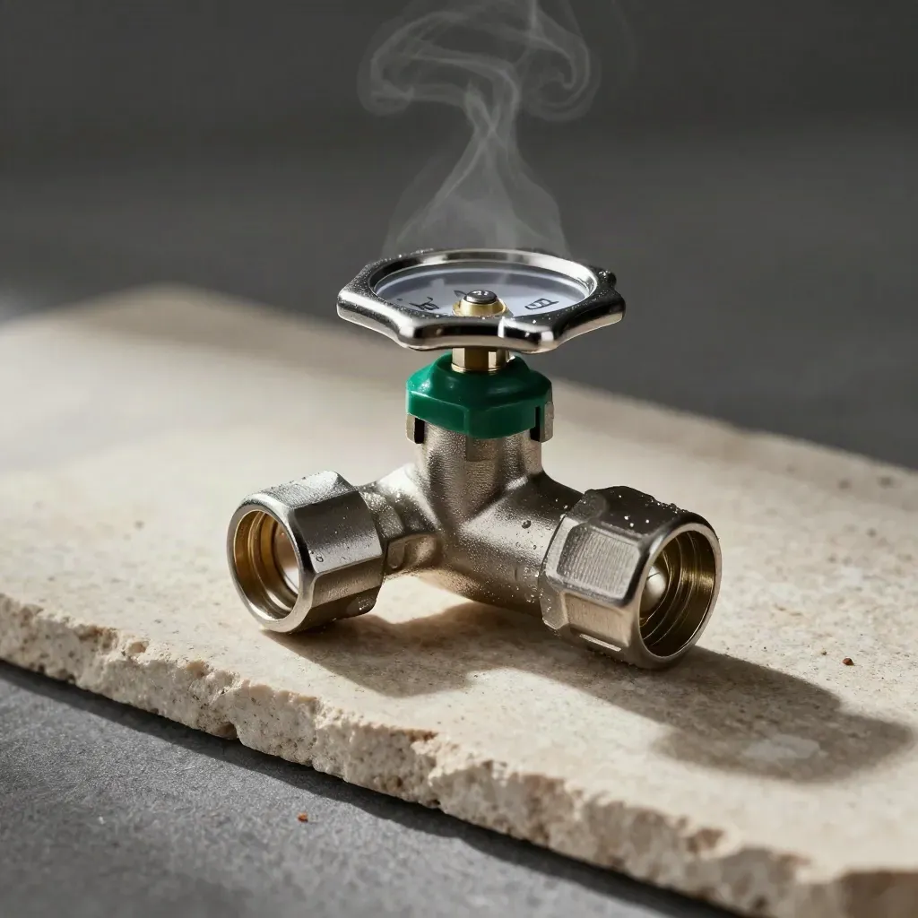 Stainless hog-farm water valve, float switch, and feeder probe on pale stone in soft daylight.