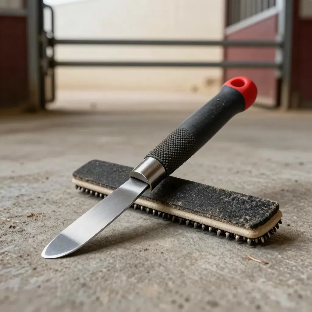 Hoof knife, lameness probe and boot scraper crossing on a concrete barn floor