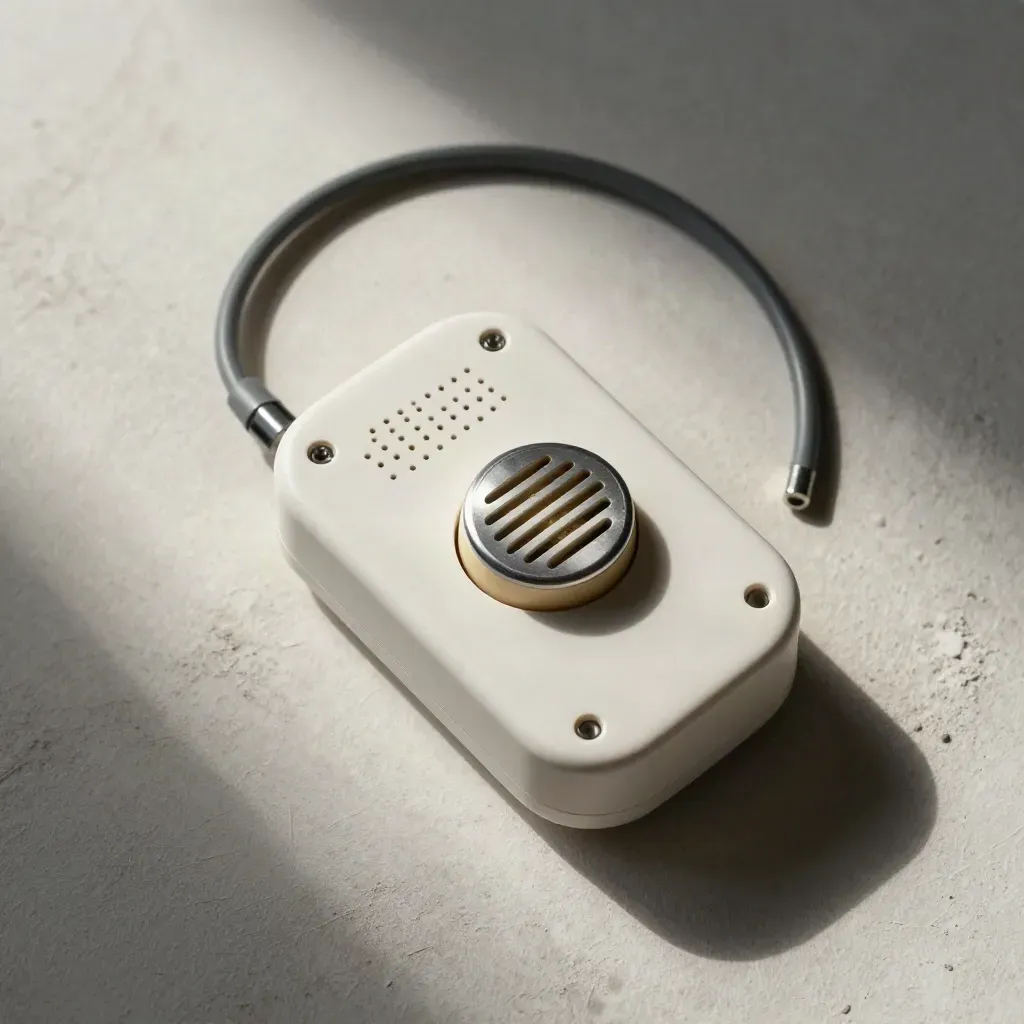 Sensor pod, vent thermostat, and cable loop on pale plaster in a calm top-down macro.