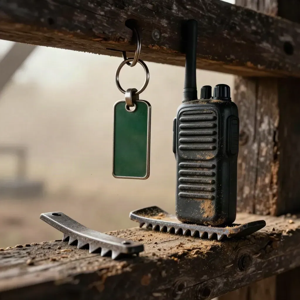 Barn key ring, walkie-talkie, and boot scraper behind a foreground rail