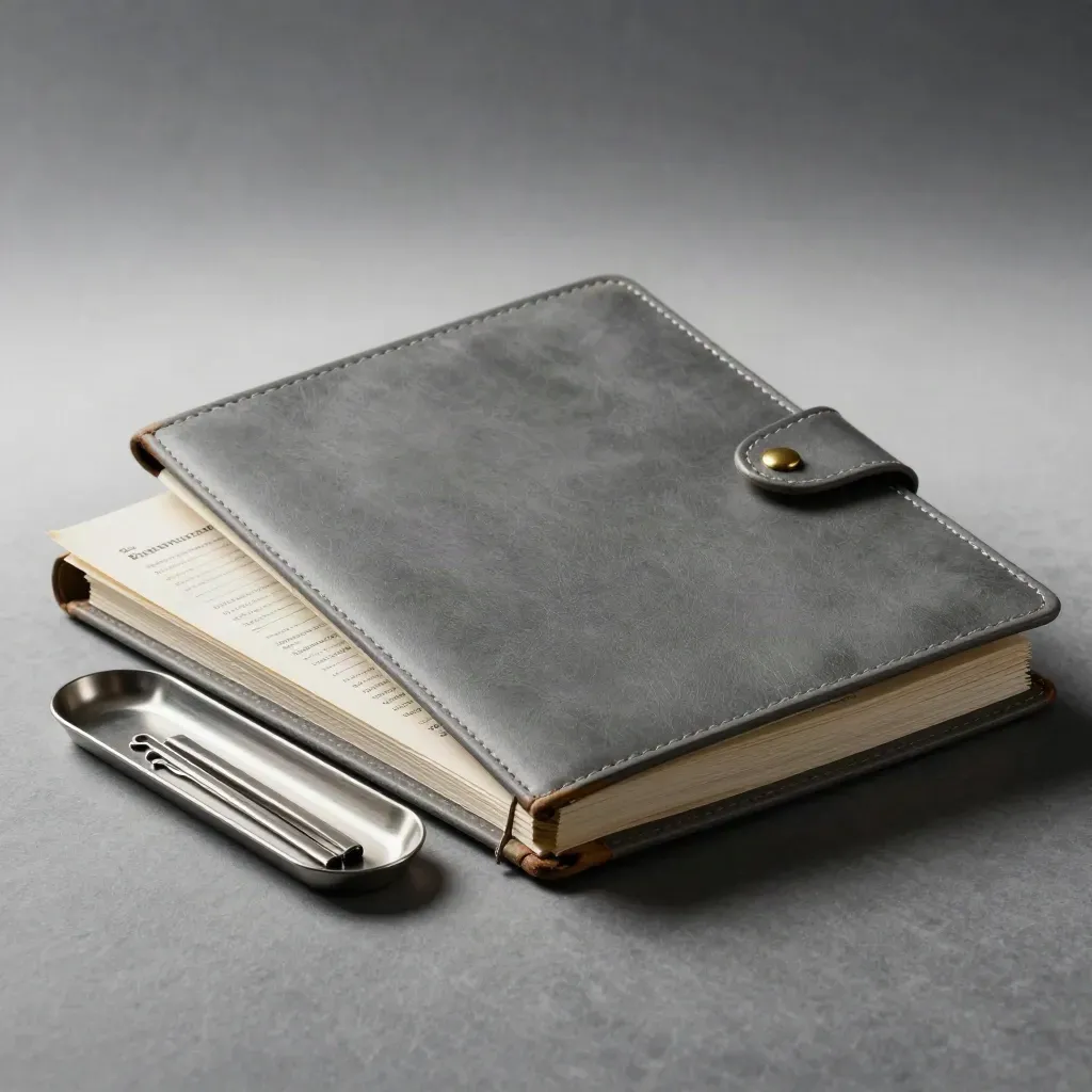 Sealed report binder with brass fasteners and steel clip tray on slate.