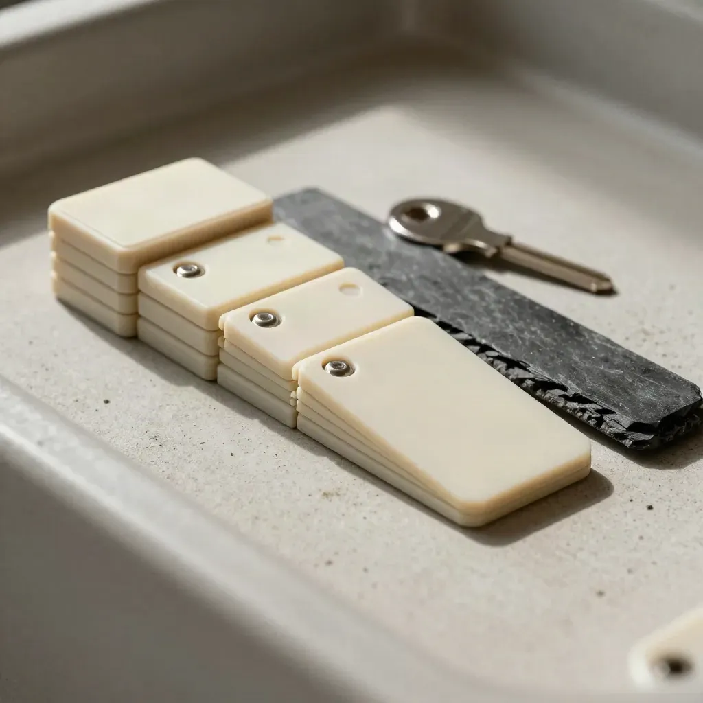 Overhead still life of barn tags, spare batteries and a charging cradle on pale concrete