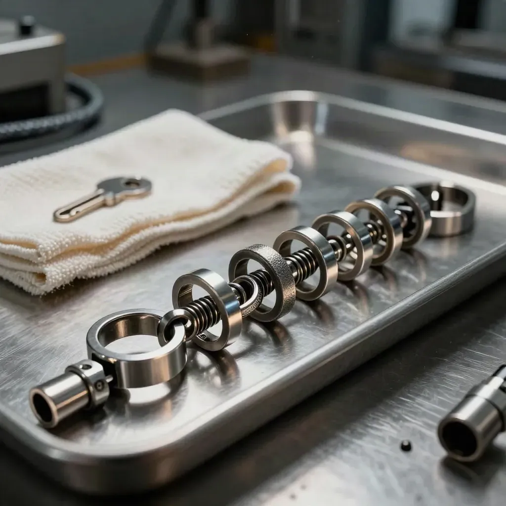 Linked metal rings and connector blocks on brushed steel, lit dramatically with a cream cloth accent