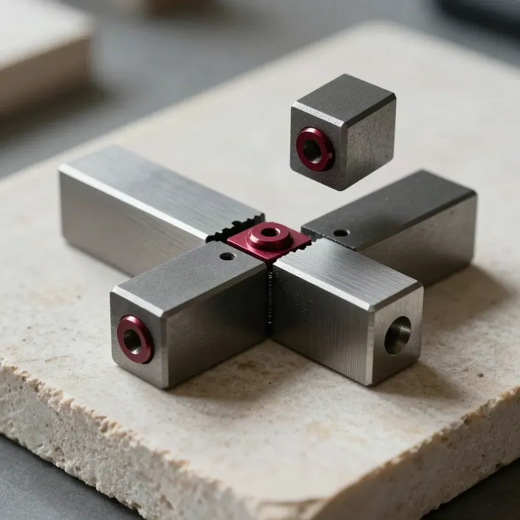 Machined dovetail blocks, brackets, and pins assembling on pale limestone with a barn-red accent.