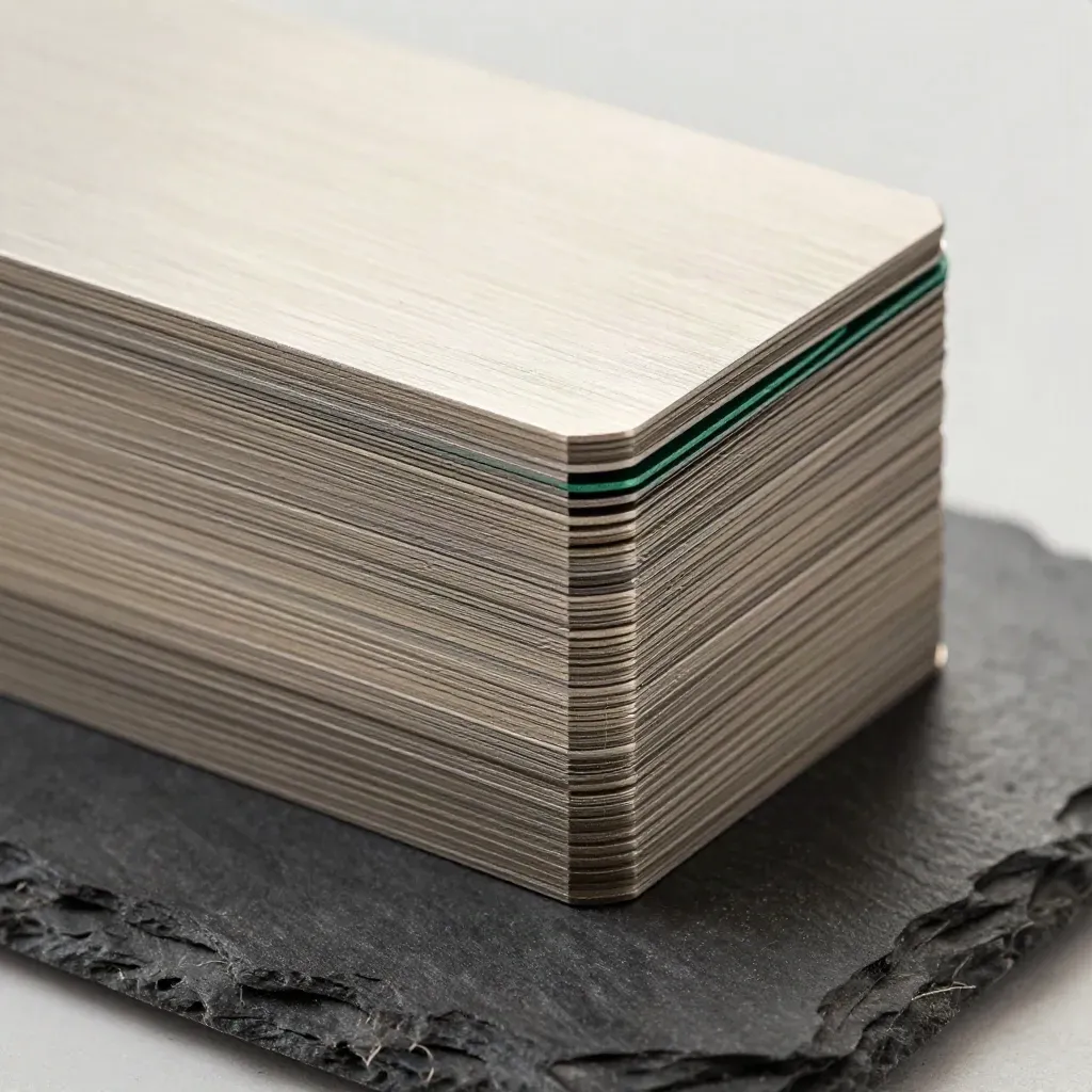 Stacked metal cards and spacer shims on slate with a forest green accent