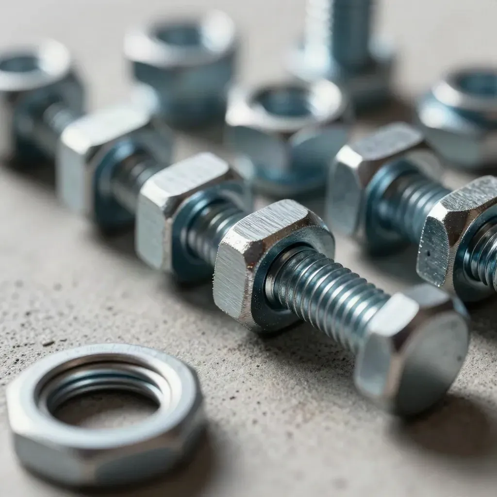 Macro of metal bolts, coupler sleeves and locking rings on brushed concrete in soft daylight.