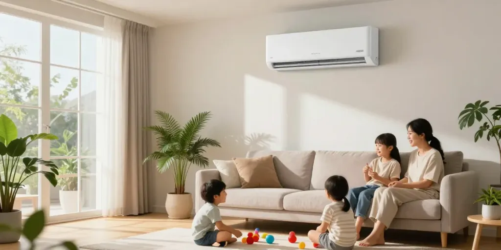 Family enjoying comfort with a mini split air conditioner in a bright living room.